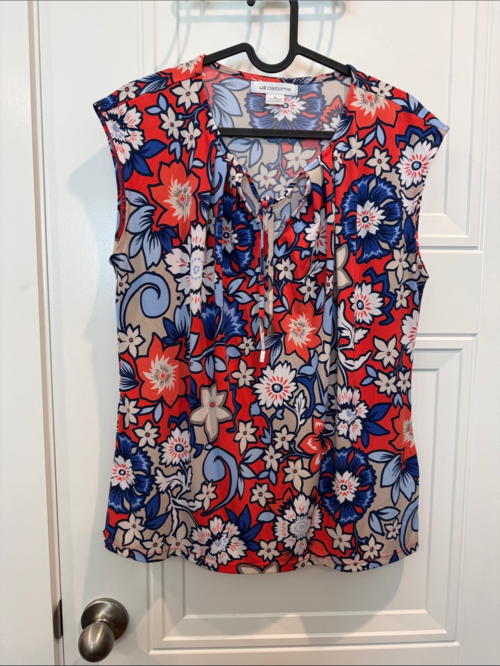 Liz Claiborne Coral, Blue and Cream Floral Tie-Neck Sleeveless Top
